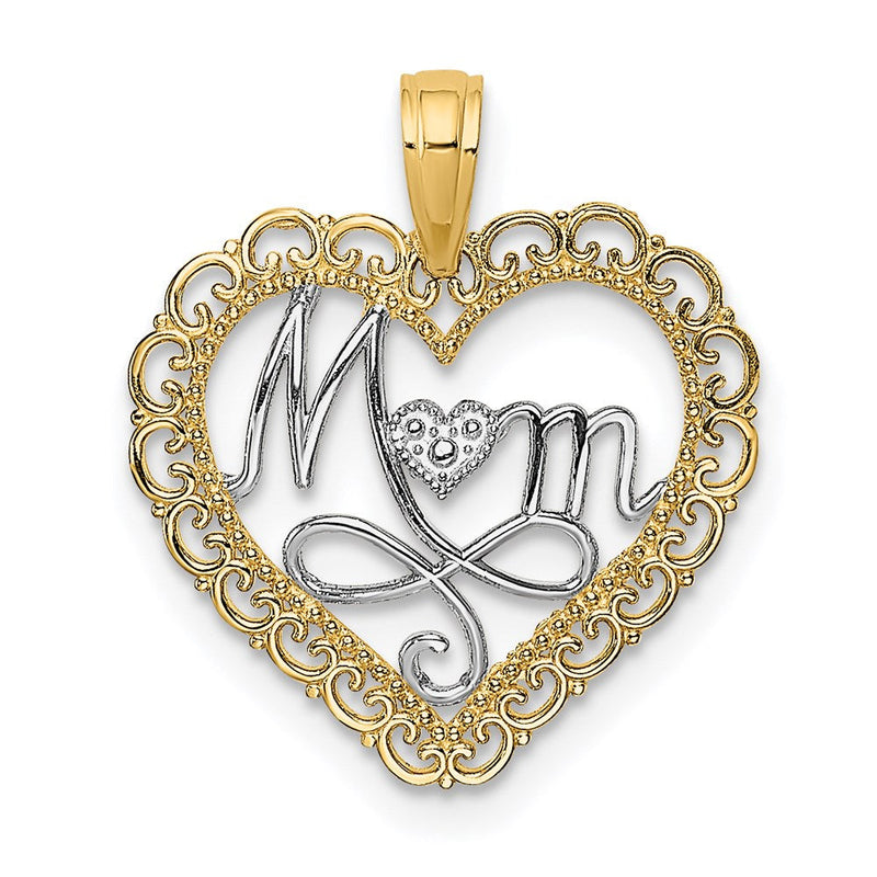 14K Gelb & Rhodium mit Rhodium Ausgeschnitten Mama in Muschel Herz Charm