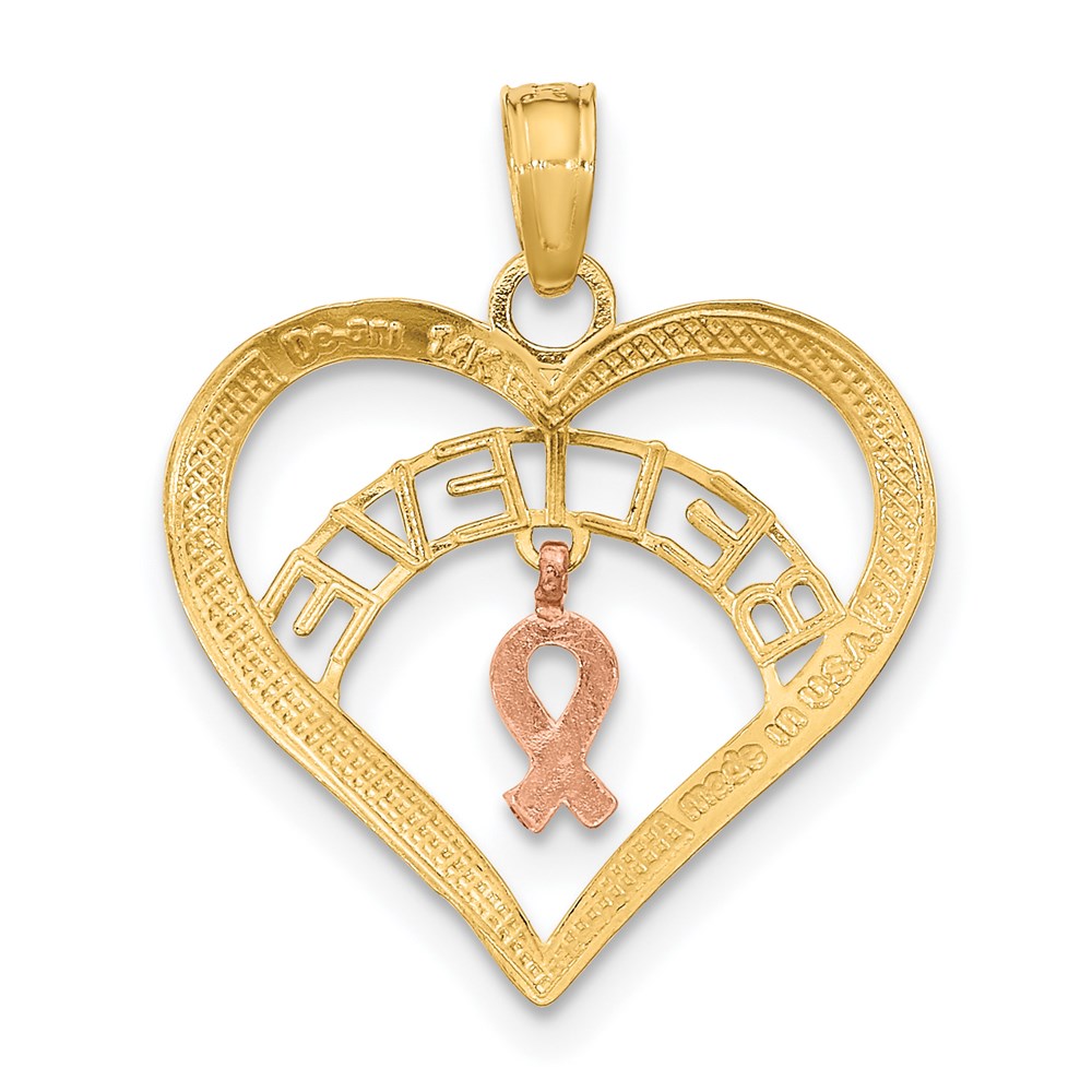 14K Bicolor Weiß Rhodium Glaube in Herz mit Breast Cancer Schleife