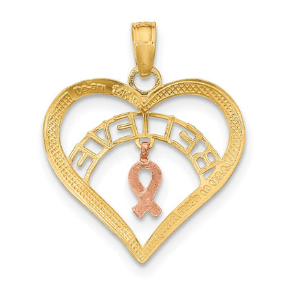 14K Bicolor Weiß Rhodium Glaube in Herz mit Breast Cancer Schleife
