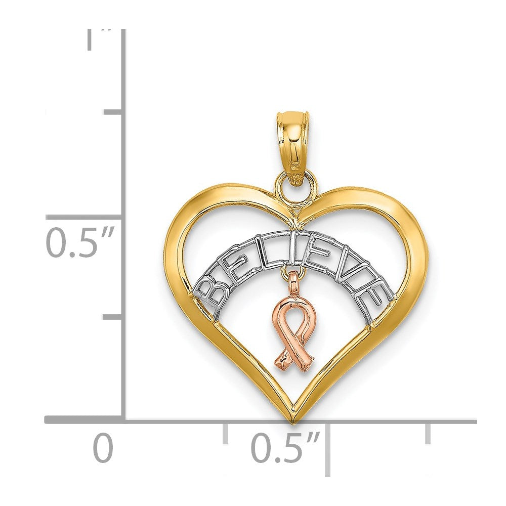 14K Bicolor Weiß Rhodium Glaube in Herz mit Breast Cancer Schleife
