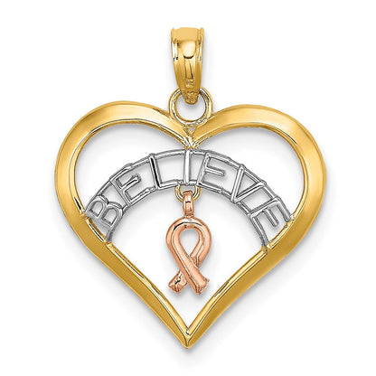 14K Bicolor Weiß Rhodium Glaube in Herz mit Breast Cancer Schleife