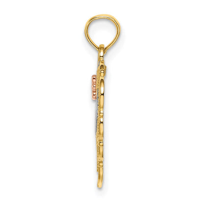 14K Bicolor mit Weiß Rhodium Mama Herz mit Blume Charm
