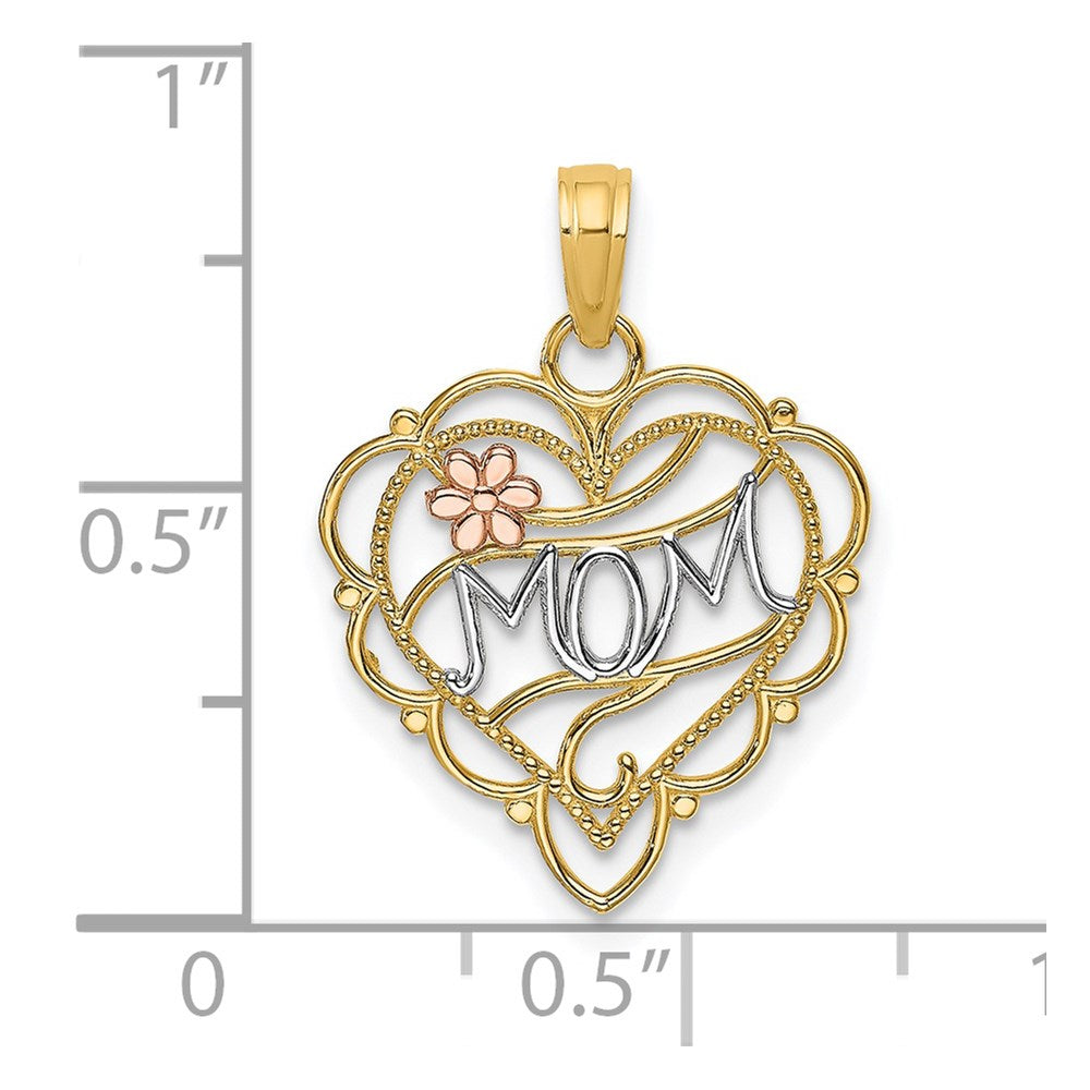 14K Bicolor mit Weiß Rhodium Mama Herz mit Blume Charm
