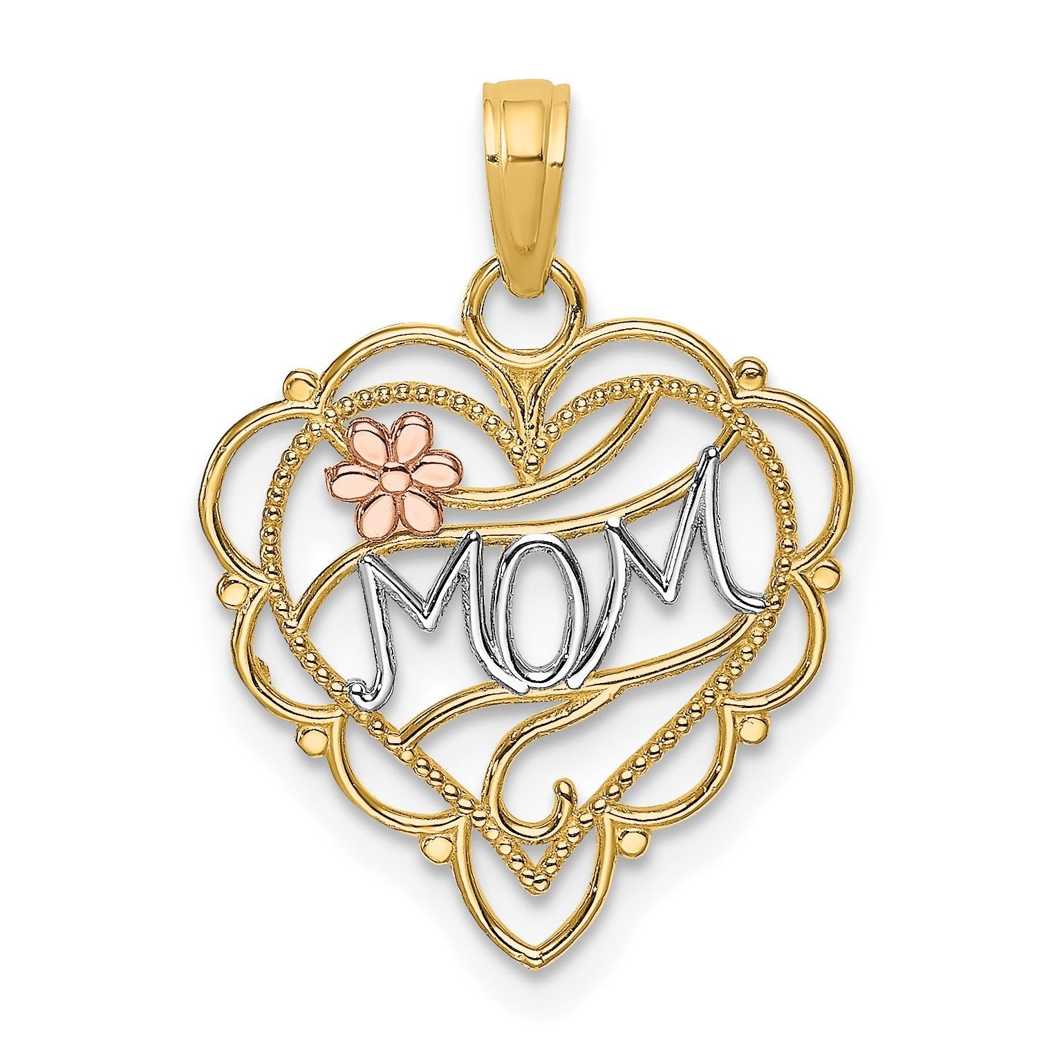 14K Bicolor mit Weiß Rhodium Mama Herz mit Blume Charm