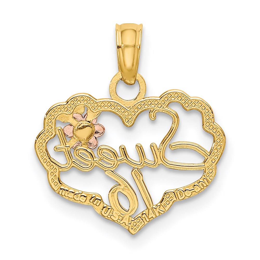 14K Bicolor Süß 16 Herz mit Blume Charm