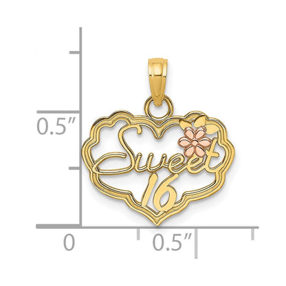 14K Bicolor Süß 16 Herz mit Blume Charm