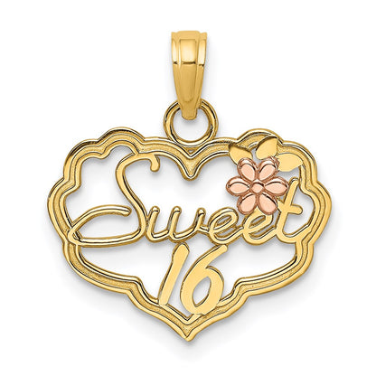 14K Bicolor Süß 16 Herz mit Blume Charm