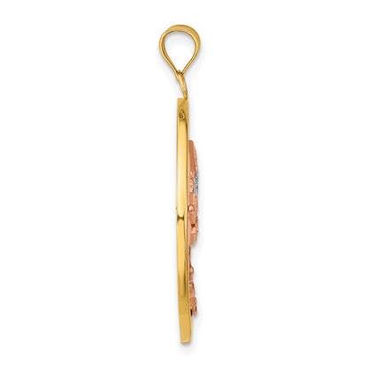 14K Bicolor Gold Charm mit weißem Rhodium, strukturierter Libelle im runden Rahmen