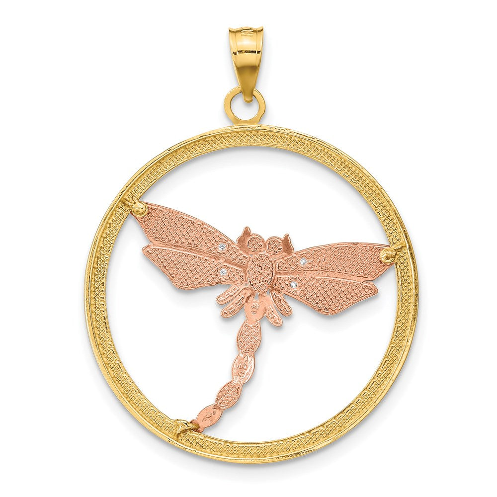 14K Bicolor Gold Charm mit weißem Rhodium, strukturierter Libelle im runden Rahmen