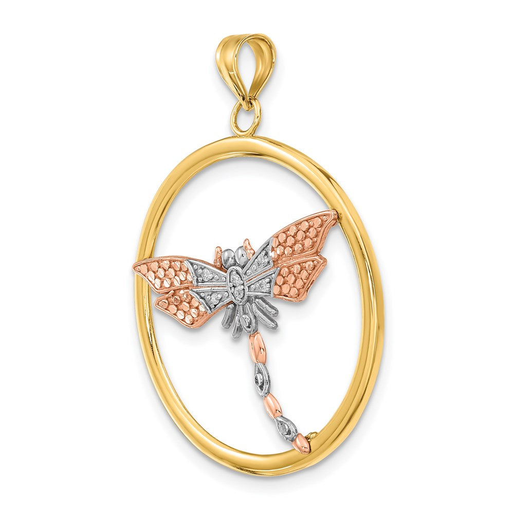 14K Bicolor Gold Charm mit weißem Rhodium, strukturierter Libelle im runden Rahmen