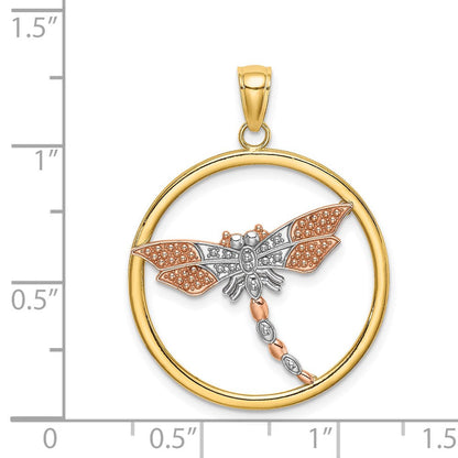 14K Bicolor Gold Charm mit weißem Rhodium, strukturierter Libelle im runden Rahmen