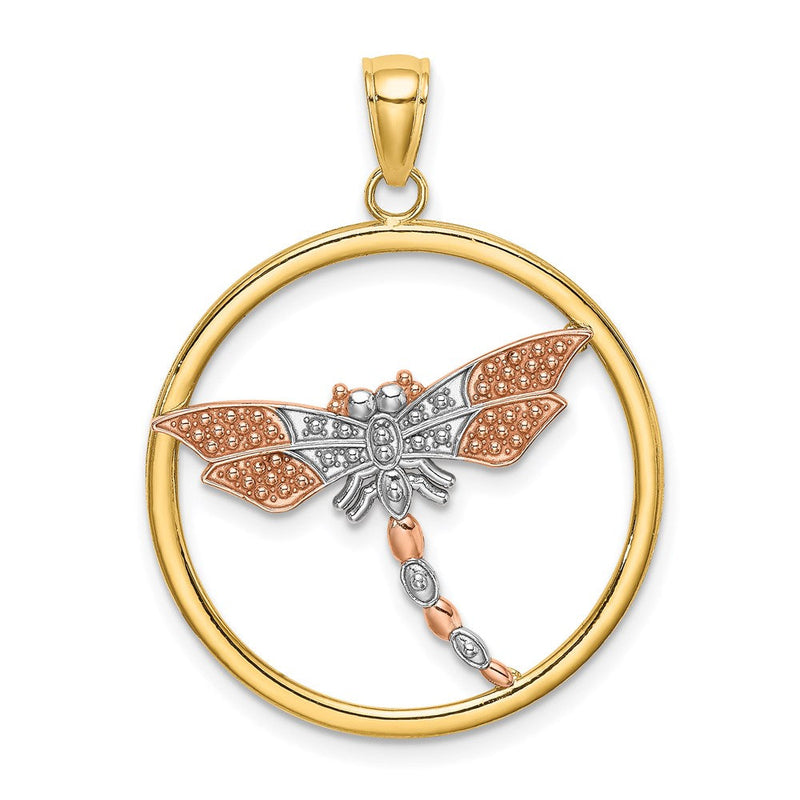 14K Bicolor Gold Charm mit weißem Rhodium, strukturierter Libelle im runden Rahmen