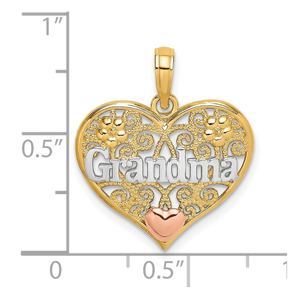 14K Bicolor Gold Weißrhodiniert GROSSMUTTER in Filigranherz-Charm