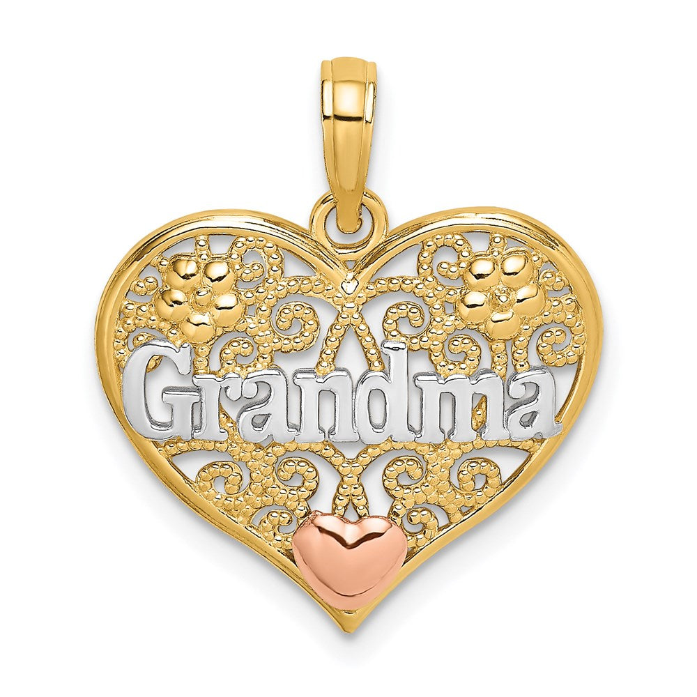 14K Bicolor Gold Weißrhodiniert GROSSMUTTER in Filigranherz-Charm