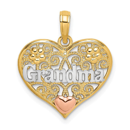 14K Bicolor Gold Weißrhodiniert GROSSMUTTER in Filigranherz-Charm