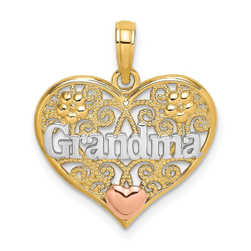 14K Bicolor Gold Weißrhodiniert GROSSMUTTER in Filigranherz-Charm