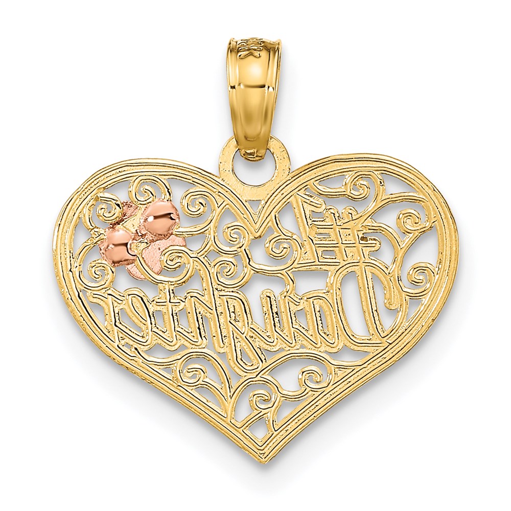 14K Bicolor Weiß Rhodium #1 Tochter in Herz mit Blumen Charm