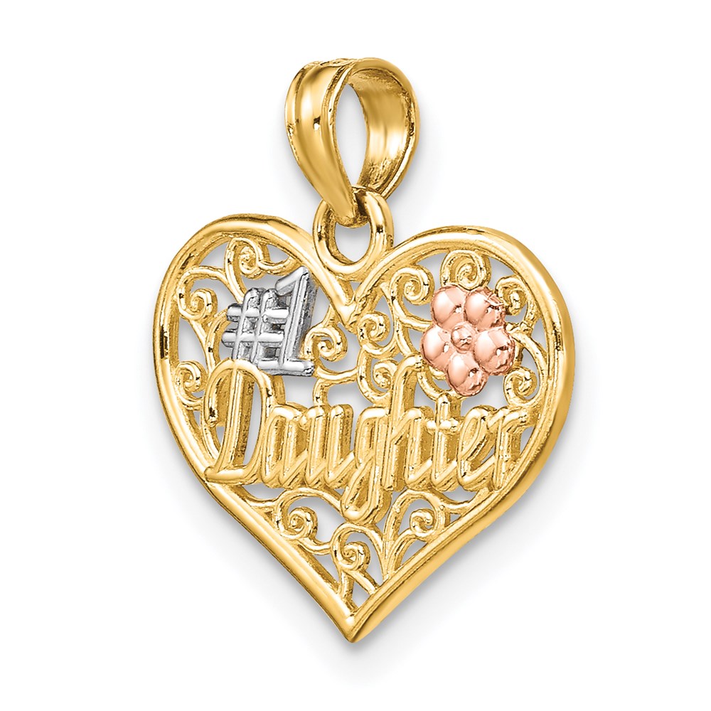 14K Bicolor Weiß Rhodium #1 Tochter in Herz mit Blumen Charm