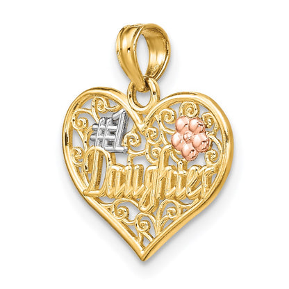 14K Bicolor Weiß Rhodium #1 Tochter in Herz mit Blumen Charm