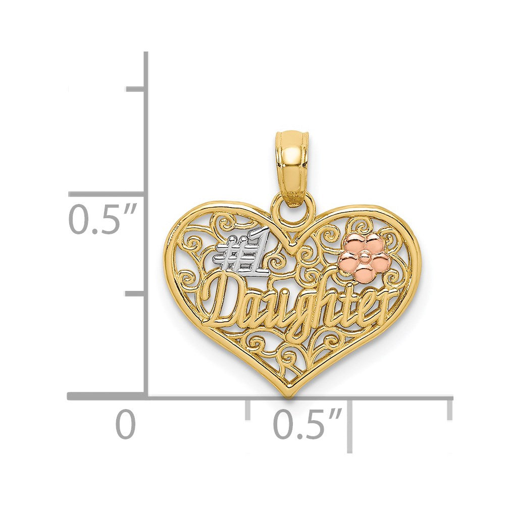 14K Bicolor Weiß Rhodium #1 Tochter in Herz mit Blumen Charm