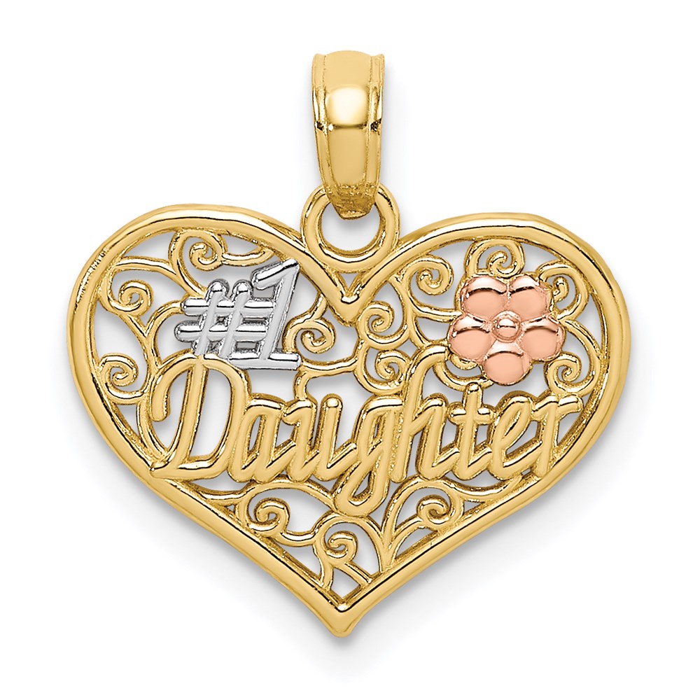 14K Bicolor Weiß Rhodium #1 Tochter in Herz mit Blumen Charm