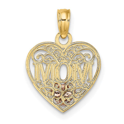 14K Bicolor mit Weiß Rhodium Poliert Mama in Herz Anhänger