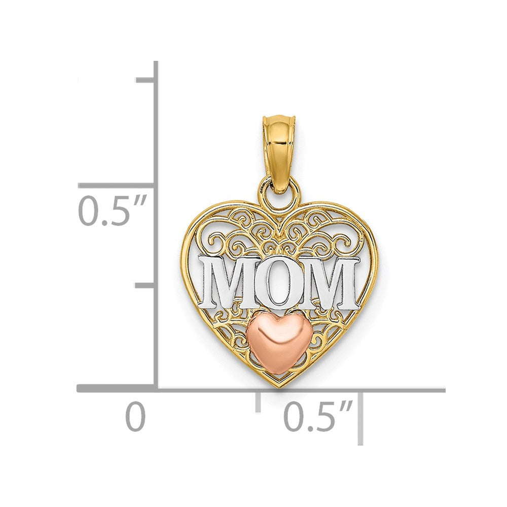 14K Bicolor mit Weiß Rhodium Poliert Mama in Herz Anhänger