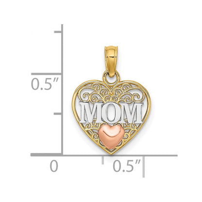 14K Bicolor mit Weiß Rhodium Poliert Mama in Herz Anhänger