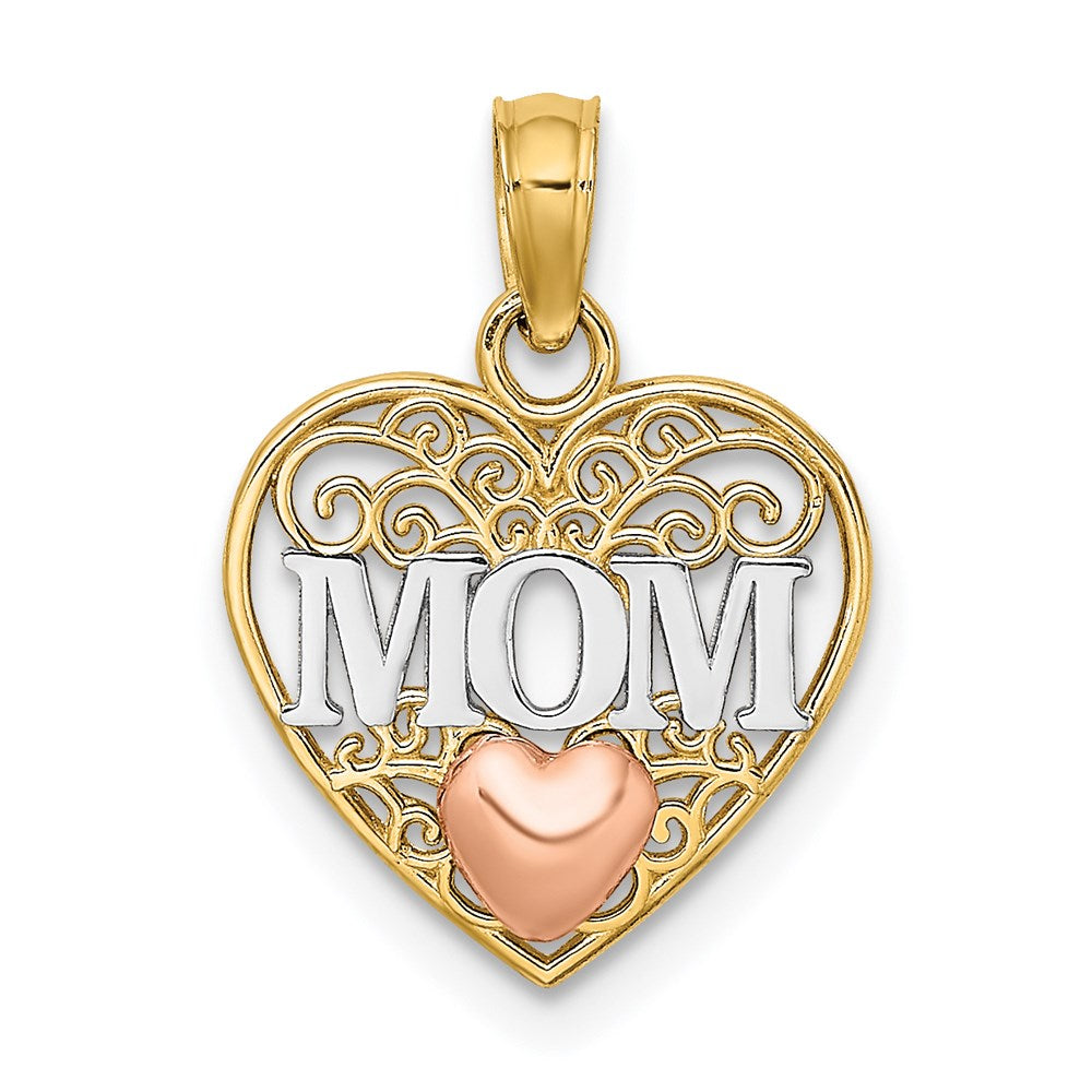 14K Bicolor mit Weiß Rhodium Poliert Mama in Herz Anhänger