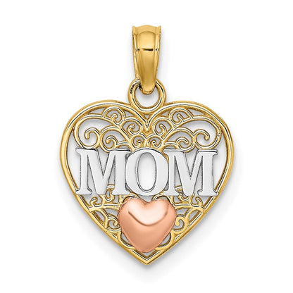 14K Bicolor mit Weiß Rhodium Poliert Mama in Herz Anhänger