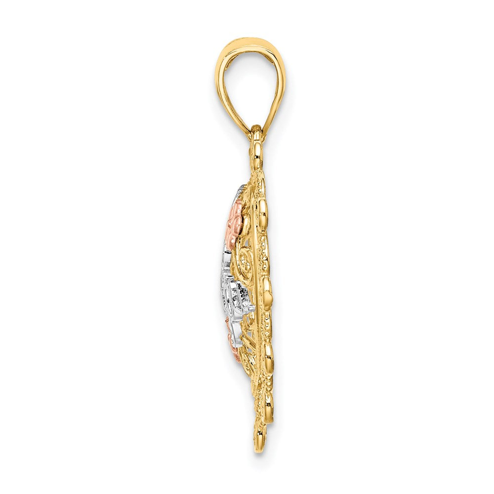 14K Bicolor-Gold mit Weiß-Rhodium ICH LIEBE DICH Filigran-Herz-Blumen-Charm