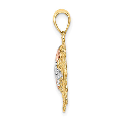 14K Bicolor-Gold mit Weiß-Rhodium ICH LIEBE DICH Filigran-Herz-Blumen-Charm