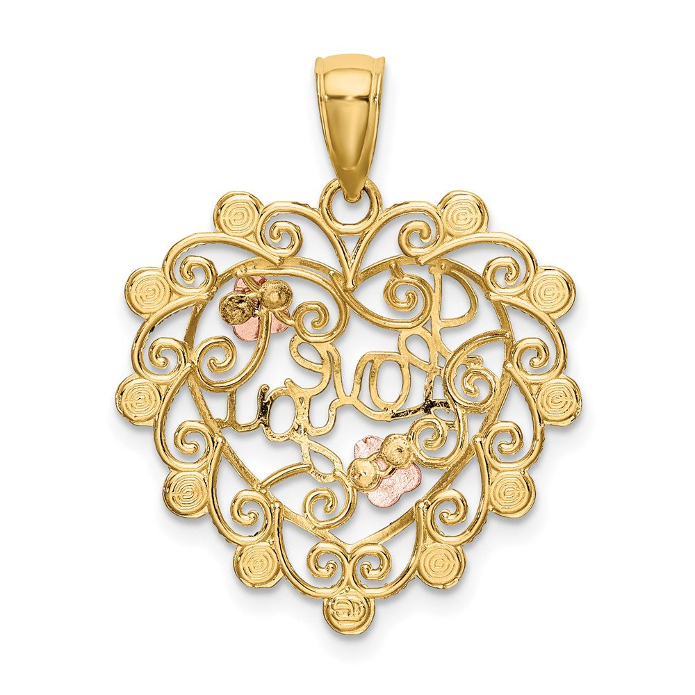 14K Bicolor-Gold mit Weiß-Rhodium ICH LIEBE DICH Filigran-Herz-Blumen-Charm