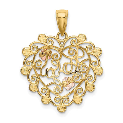 14K Bicolor-Gold mit Weiß-Rhodium ICH LIEBE DICH Filigran-Herz-Blumen-Charm