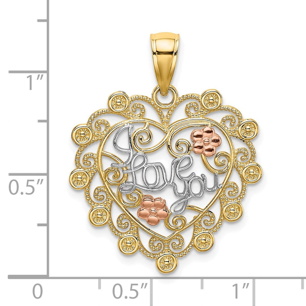 14K Bicolor-Gold mit Weiß-Rhodium ICH LIEBE DICH Filigran-Herz-Blumen-Charm