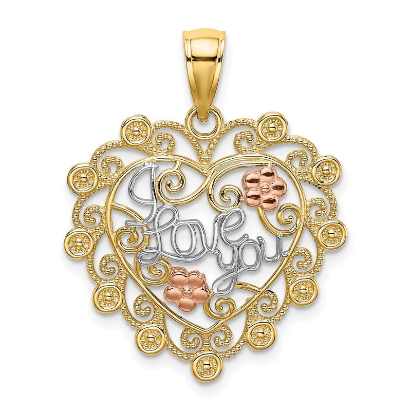14K Bicolor-Gold mit Weiß-Rhodium ICH LIEBE DICH Filigran-Herz-Blumen-Charm
