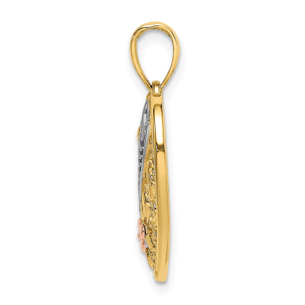 14K Bicolor-Gold Charm „OMA“ im Filigran-Herz mit Blumen, weißrhodiniert