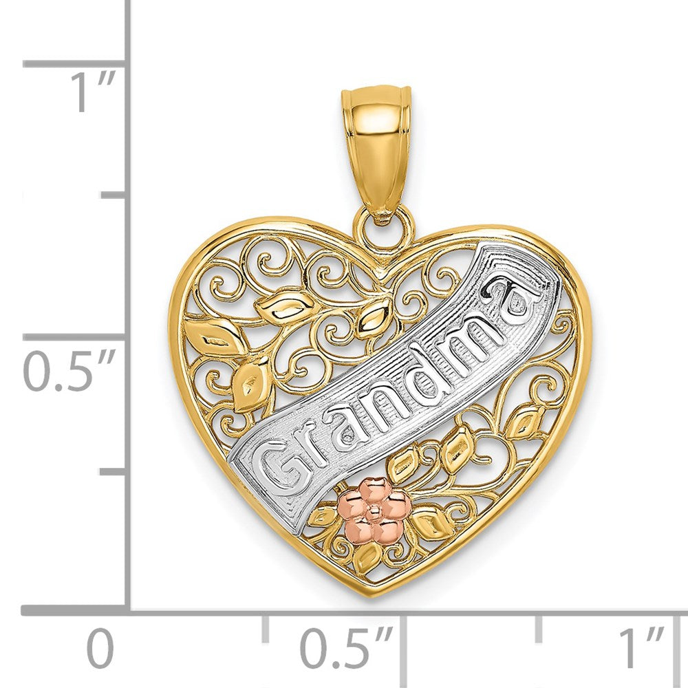 14K Bicolor-Gold Charm „OMA“ im Filigran-Herz mit Blumen, weißrhodiniert