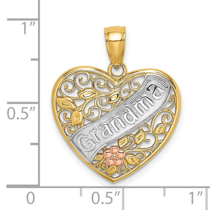 14K Bicolor-Gold Charm „OMA“ im Filigran-Herz mit Blumen, weißrhodiniert