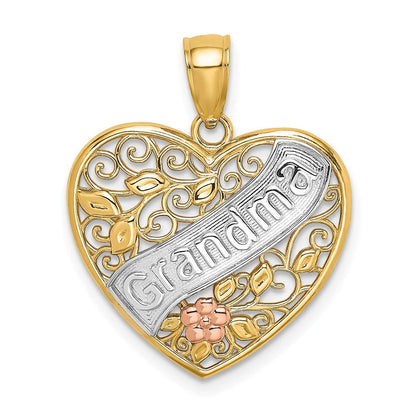 14K Bicolor-Gold Charm „OMA“ im Filigran-Herz mit Blumen, weißrhodiniert