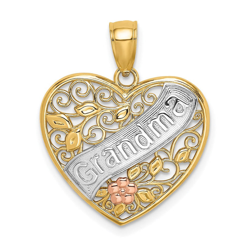 14K Bicolor-Gold Charm „OMA“ im Filigran-Herz mit Blumen, weißrhodiniert