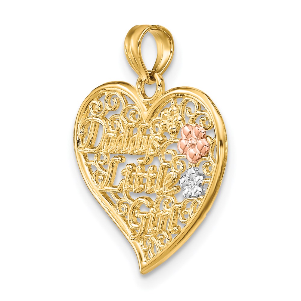 14K Bicolor Weiß Rhdoium Daddys Little Mädchen Filigran Herz Charm