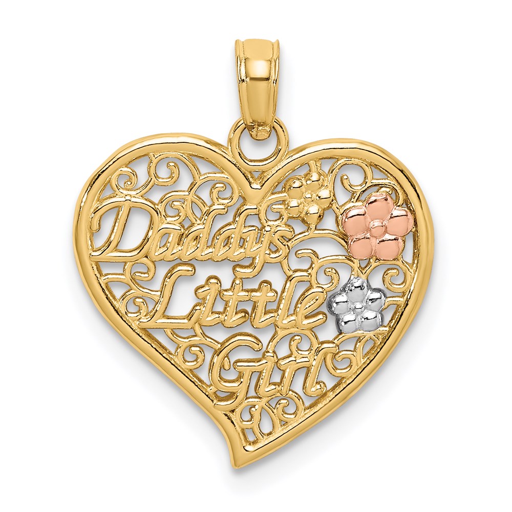 14K Bicolor Weiß Rhdoium Daddys Little Mädchen Filigran Herz Charm