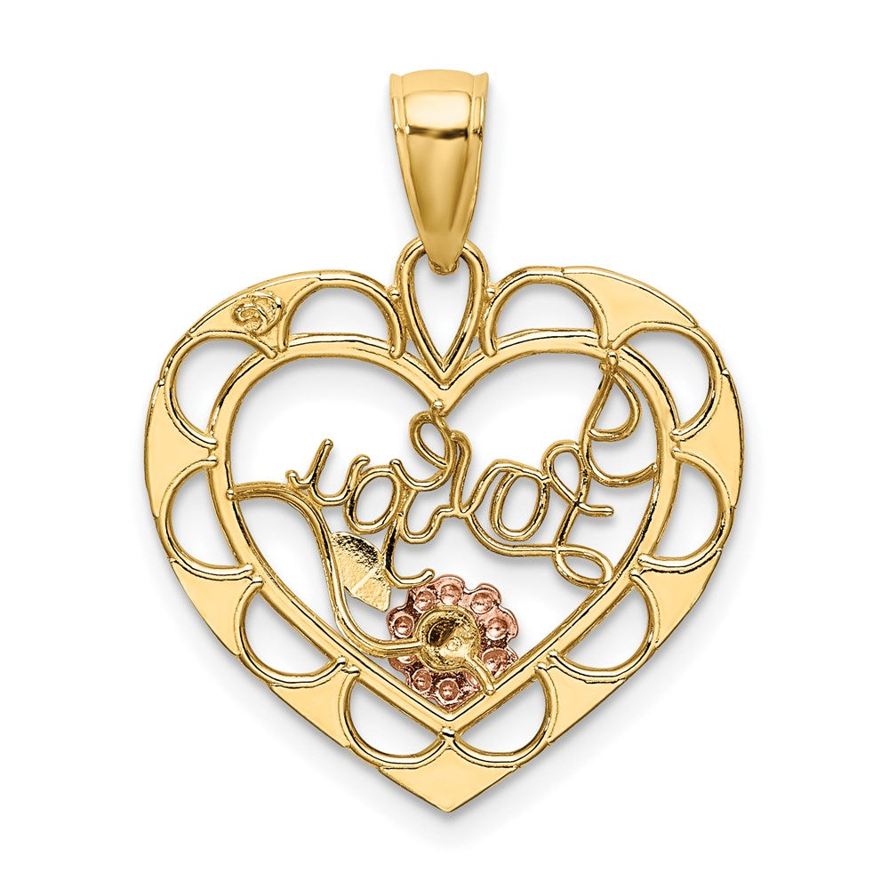 14K Bicolor-Gold mit Weißrhodium „ICH LIEBE DICH“ Herz-Charm mit Blume