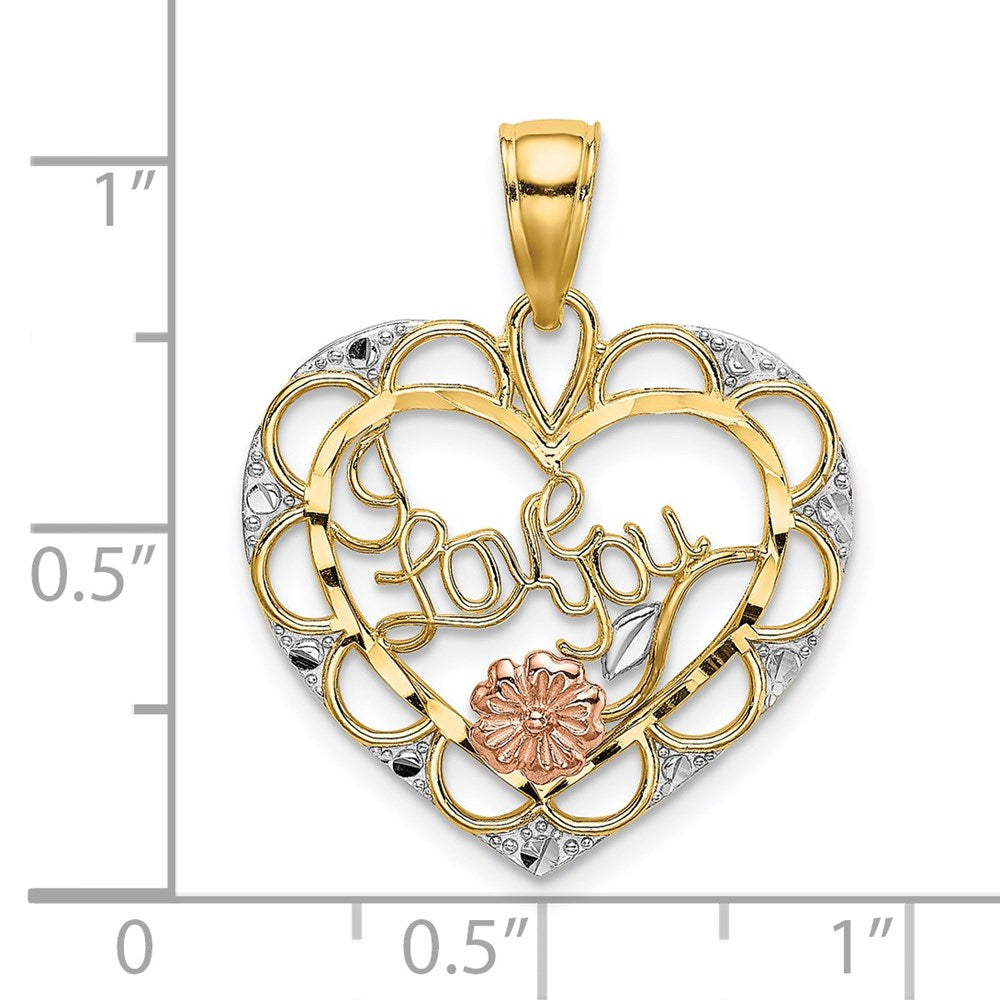 14K Bicolor-Gold mit Weißrhodium „ICH LIEBE DICH“ Herz-Charm mit Blume