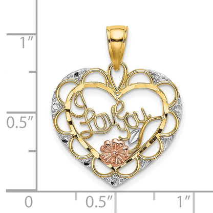 14K Bicolor-Gold mit Weißrhodium „ICH LIEBE DICH“ Herz-Charm mit Blume