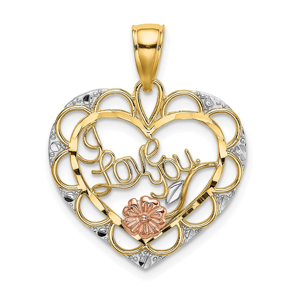 14K Bicolor-Gold mit Weißrhodium „ICH LIEBE DICH“ Herz-Charm mit Blume