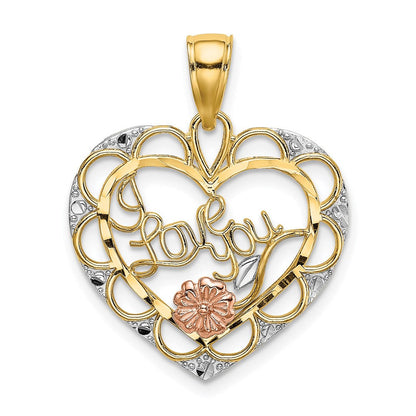14K Bicolor-Gold mit Weißrhodium „ICH LIEBE DICH“ Herz-Charm mit Blume