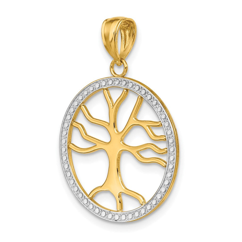 14K Gelb- und Rhodiumgold mit Rhodium Großer Lebensbaum-Rundrahmen-Charm