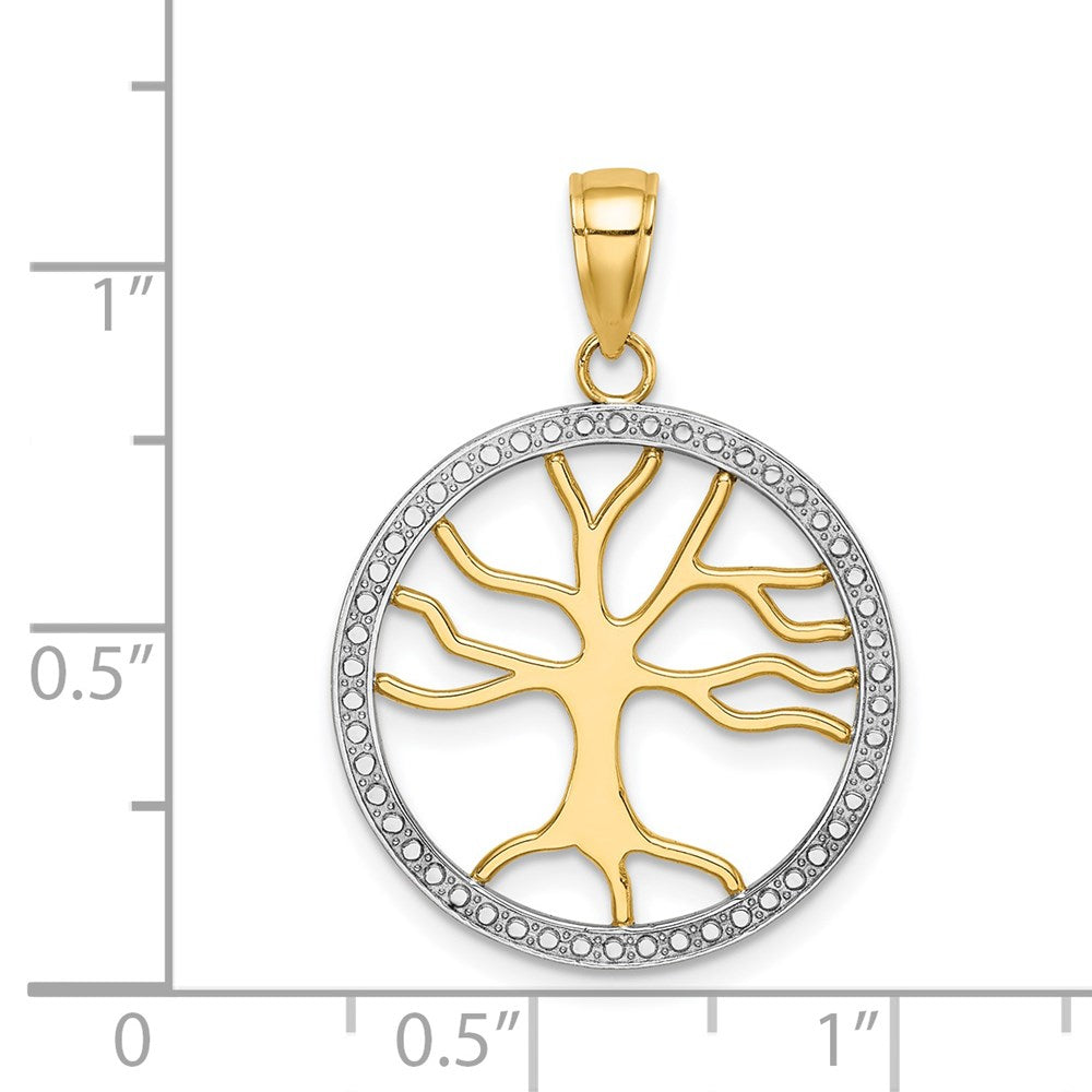 14K Gelb- und Rhodiumgold mit Rhodium Großer Lebensbaum-Rundrahmen-Charm